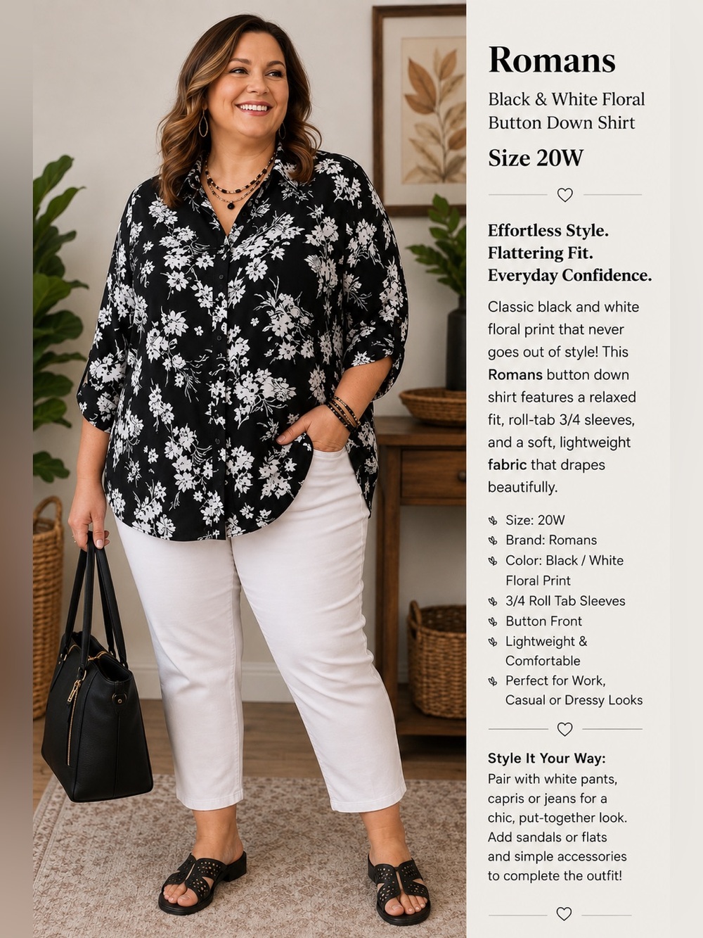 Roaman’s Black and White Floral Button-Up Shirt